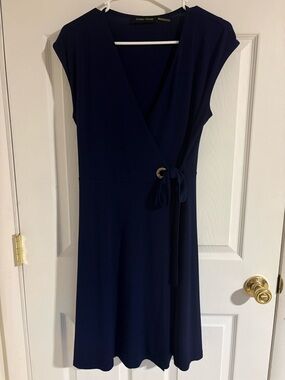 Ivanka Trump Navy Wrap Midi Dress with Side Tie